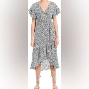 Max Studio Ruffle Crepe High Low wrap Midi Dress